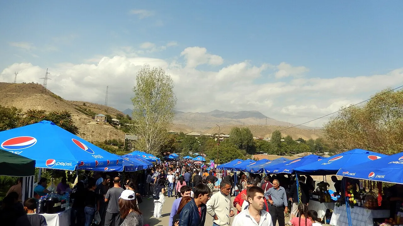 Wide view of Areni village and the Arpa valley hills in southern Armenia