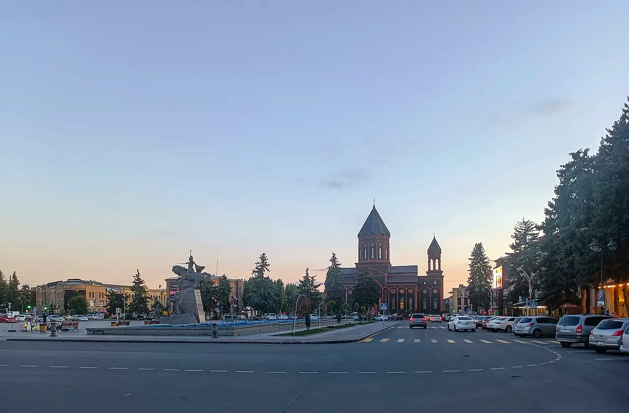 The Church of the Holy Saviour on Vardanants Square in Gyumri at dusk