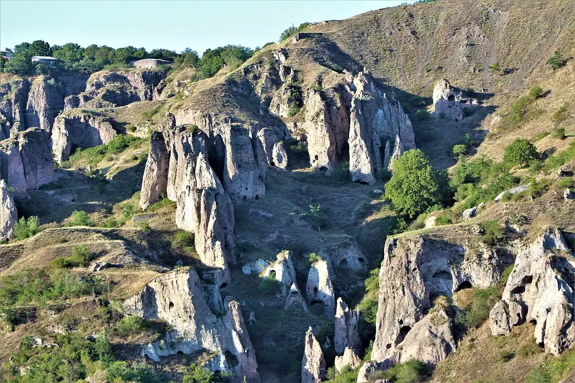 The rock pinnacles and cave dwellings of Old Khndzoresk on the slopes of a gorge near Goris