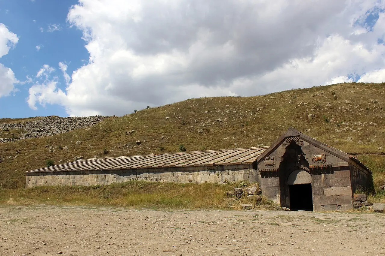 The stone Selim caravanserai on the grassy Vardenyats mountain pass in southern Armenia
