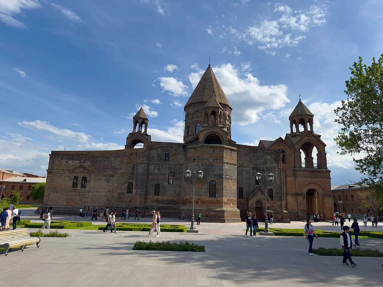 Echmiadzin Cathedral, the mother church of the Armenian Apostolic Church, under a blue sky in Vagharshapat