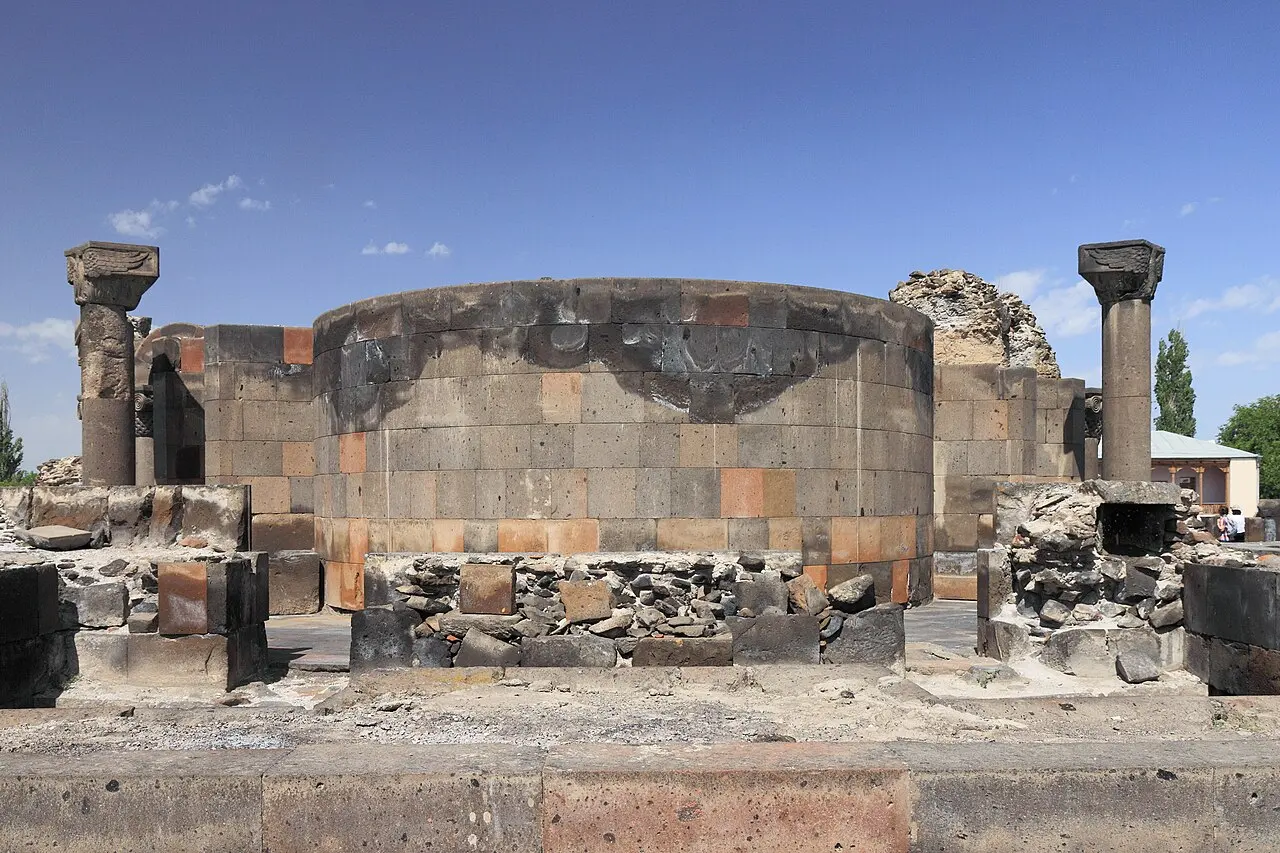 The reconstructed circular base and columns of the ruined Zvartnots cathedral near Yerevan