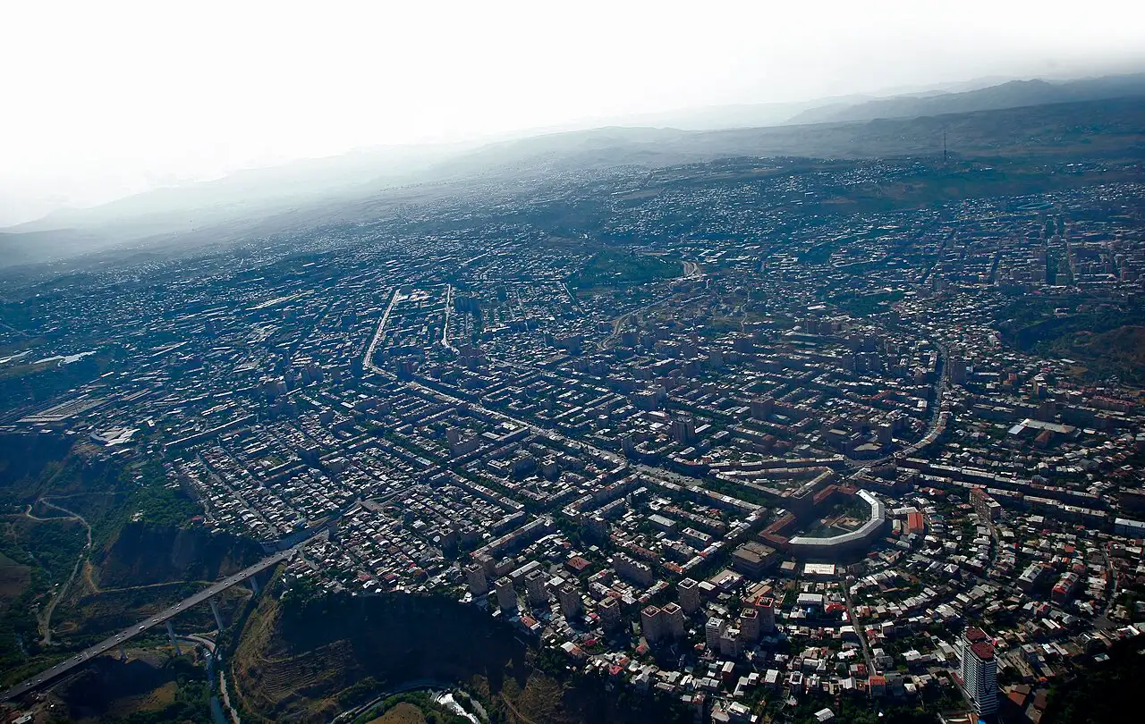 Aerial view of the residential Arabkir district of Yerevan with mid-rise blocks and green streets