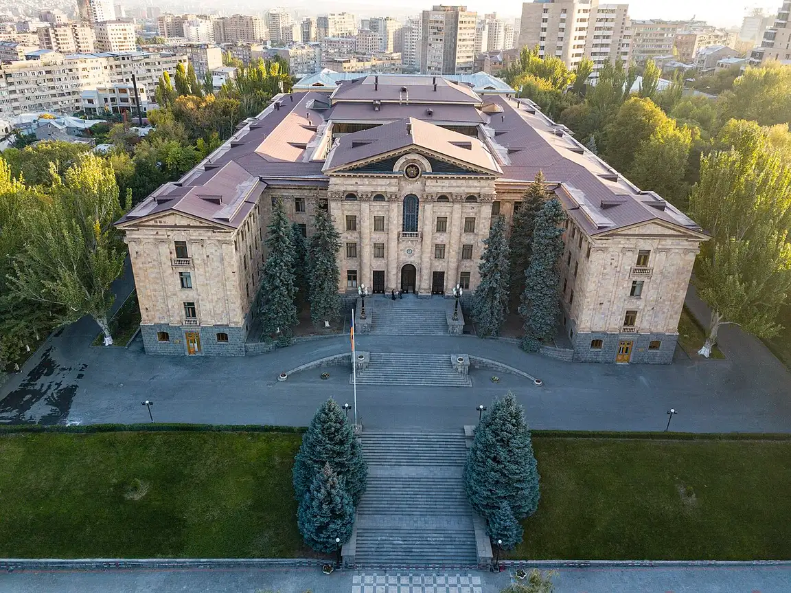 The National Assembly of Armenia building in Yerevan seen from the air