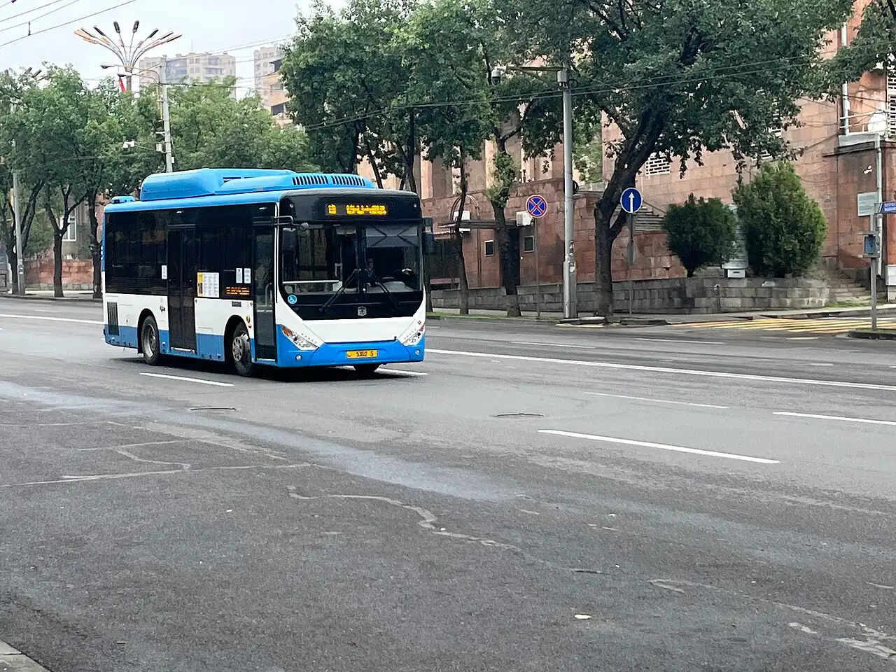 A modern city bus on Baghramyan Avenue in Yerevan