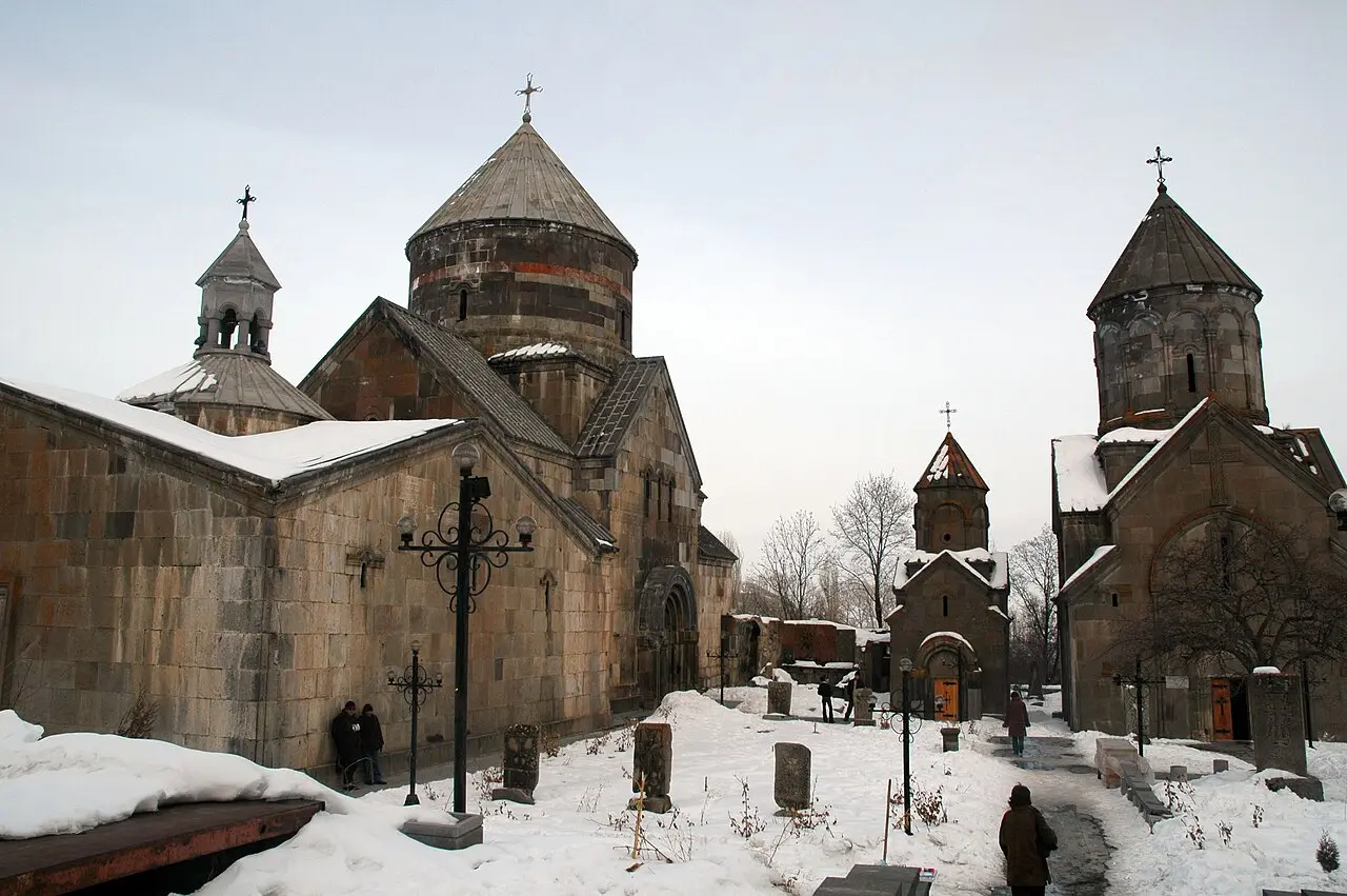 The snow-covered churches of Kecharis monastery in the ski town of Tsaghkadzor in winter