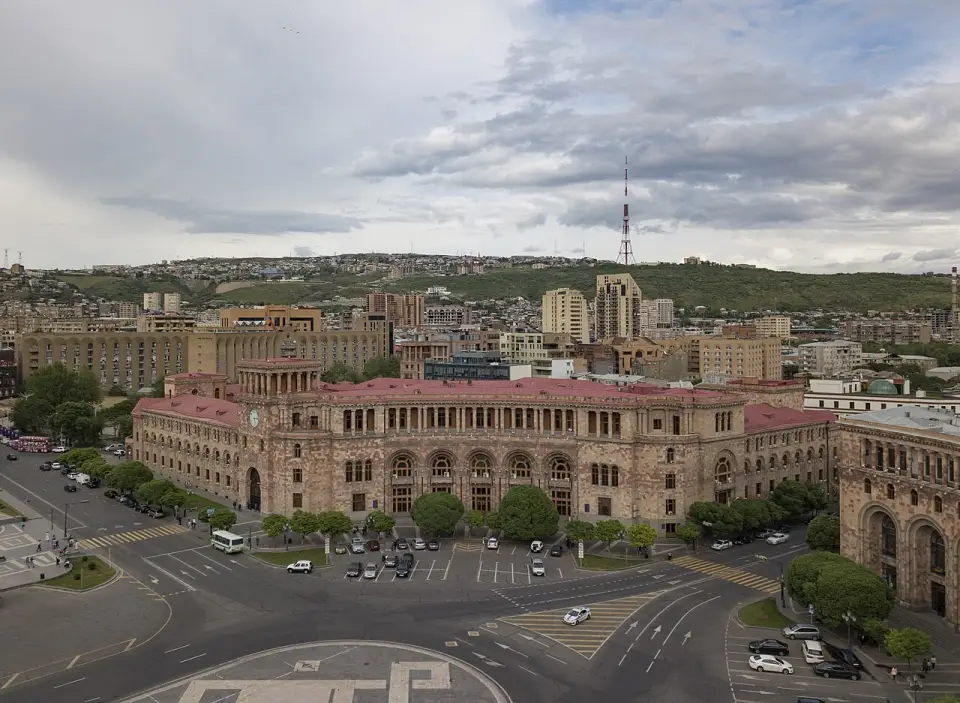 The Government House on Republic Square in Yerevan with pink tufa stone and a clear sky