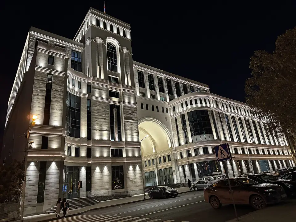 The white stone Government House building on Baghramyan Avenue in Yerevan