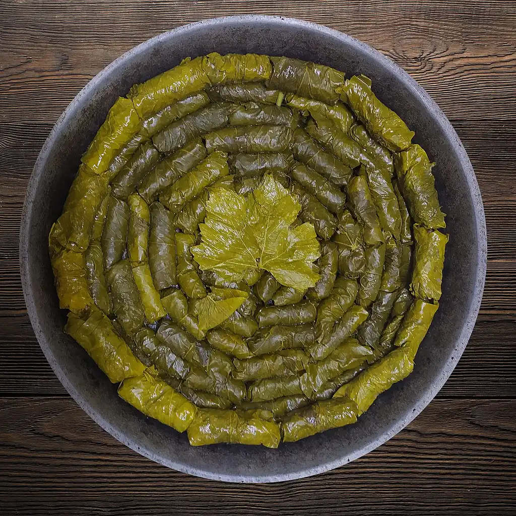 A plate of Armenian tolma, minced meat and rice wrapped in grape leaves, with yogurt