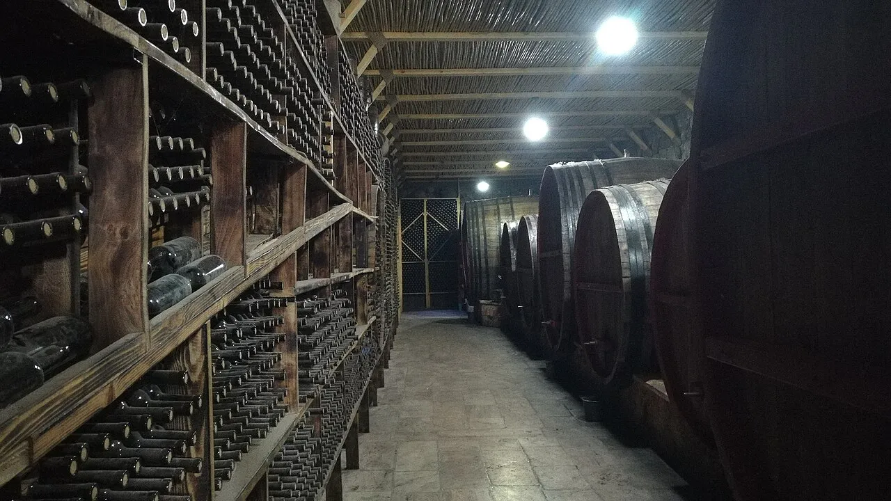 Shelves of Armenian wine bottles at the Areni winery shop in Vayots Dzor