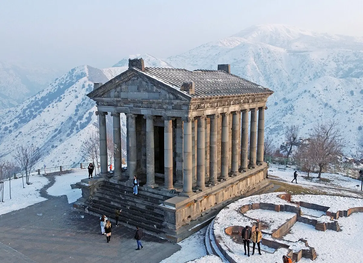 Aerial view of the colonnaded Temple of Garni on its rocky terrace above the Azat gorge