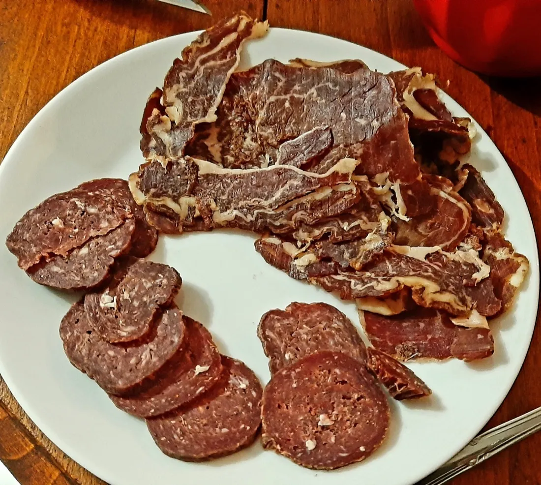 A plate of sliced Armenian basturma and sujuk, cured and spiced dried meats served as a cold starter