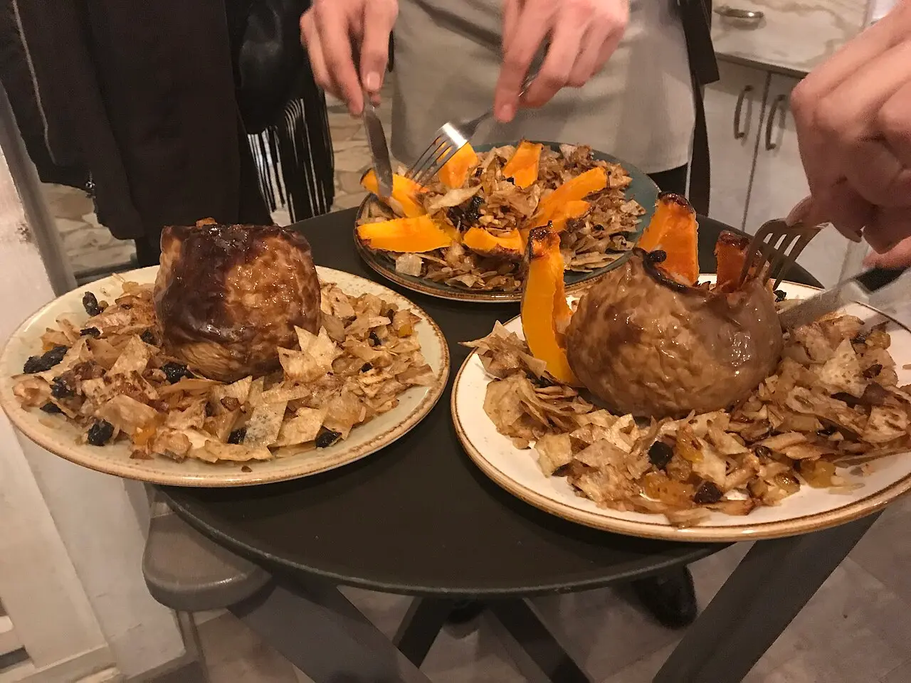 A whole baked ghapama pumpkin stuffed with rice and dried fruit, served at Lavash restaurant in Yerevan