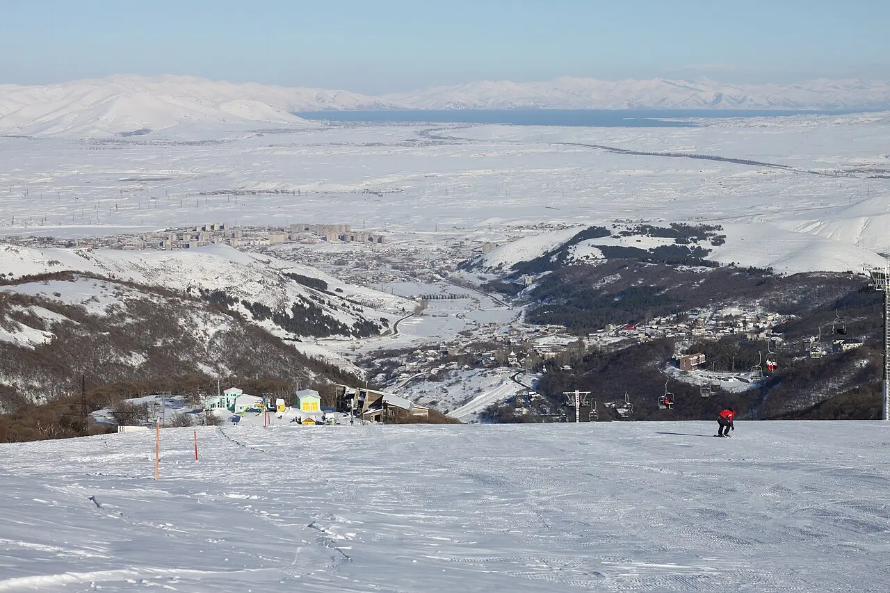 The view down the forested slopes from a ski run above the Tsaghkadzor mountain resort