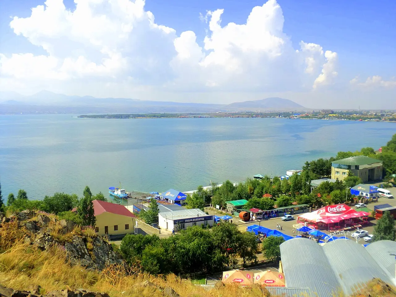 Pine trees and shoreline vegetation along Lake Sevan inside Sevan National Park