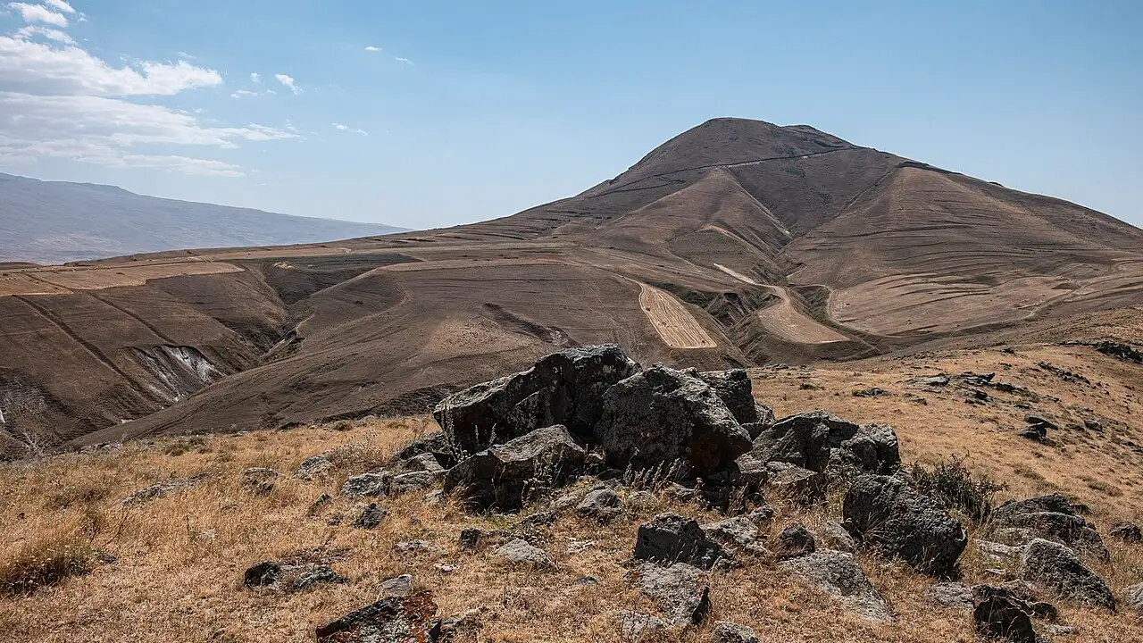The conical volcanic slopes of Mount Hatis rising above the Kotayk highlands east of Yerevan