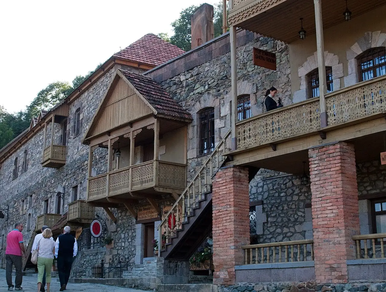 The restored 19th-century wooden balconies and craft workshops of Sharambeyan Street in the old quarter of Dilijan
