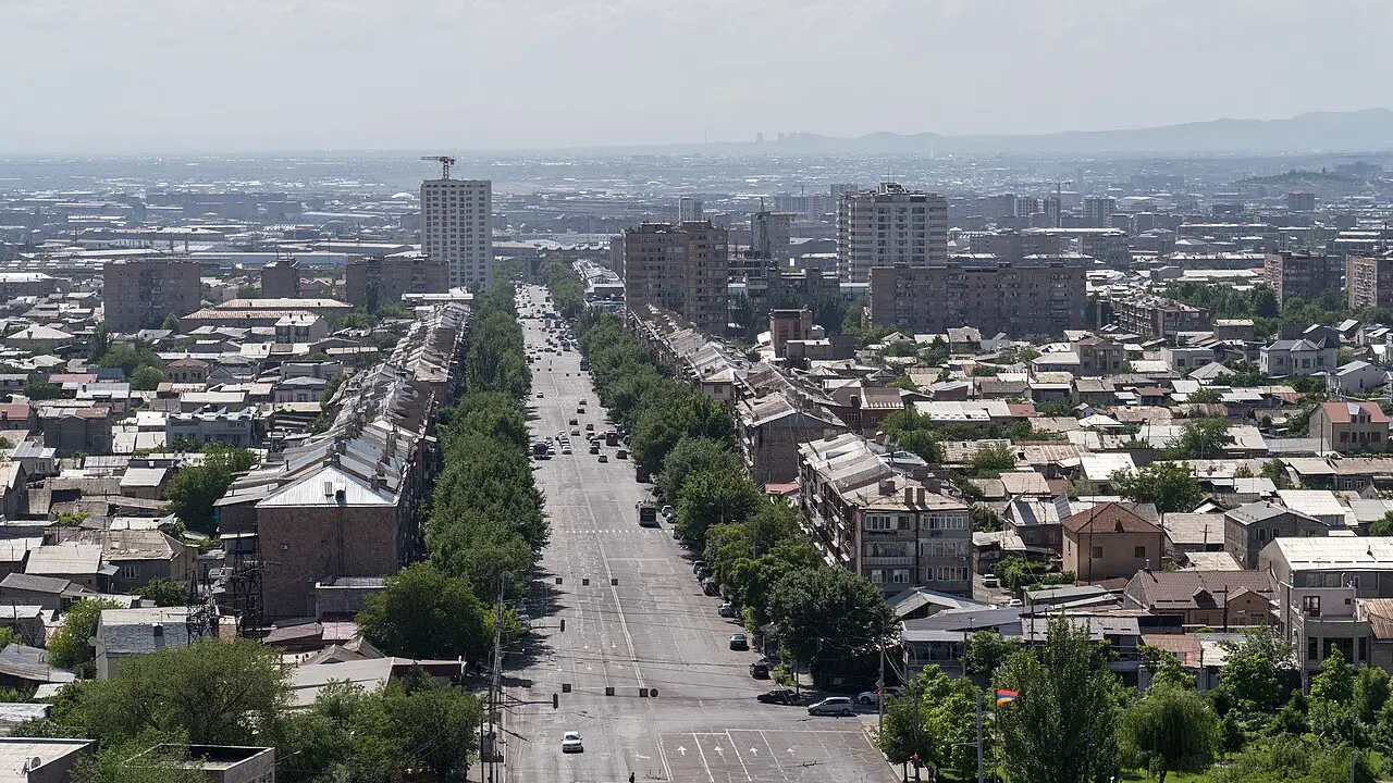 Panoramic view over modern Yerevan from the slopes of the ancient Erebuni fortress hill