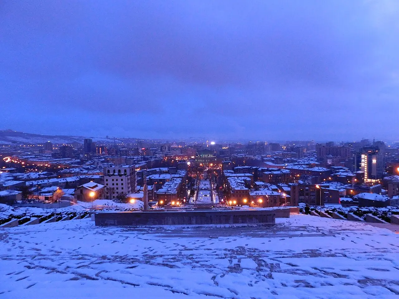 Panoramic view over Yerevan from the Cascade terraces at sunset