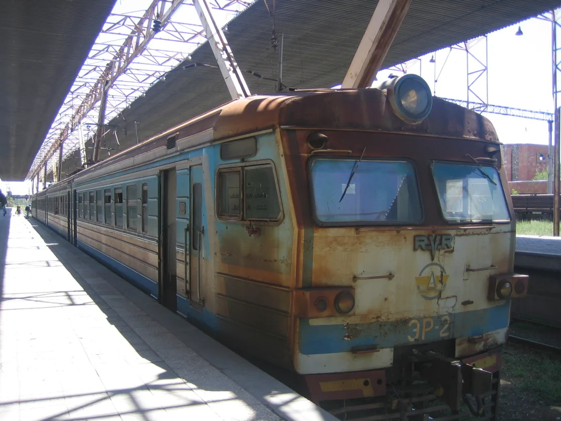 An old Soviet electric train pulling into the David of Sasoun (Sasuntsi Davit) railway station in Yerevan