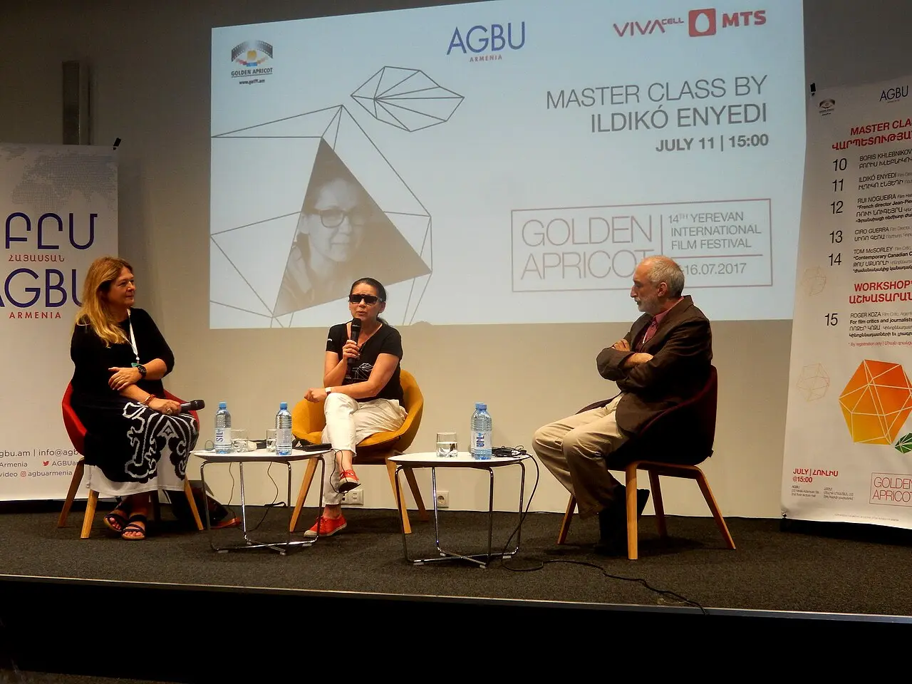 Hungarian director Ildiko Enyedi speaking on stage at a Golden Apricot masterclass in Yerevan