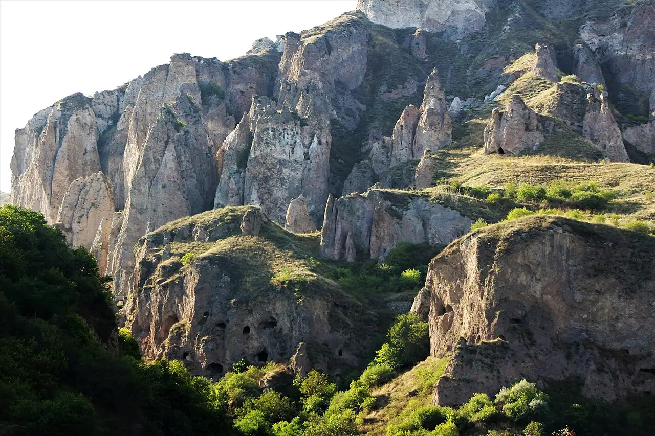 The pockmarked cave dwellings and rock cones of the abandoned village of Old Khndzoresk on the gorge slopes