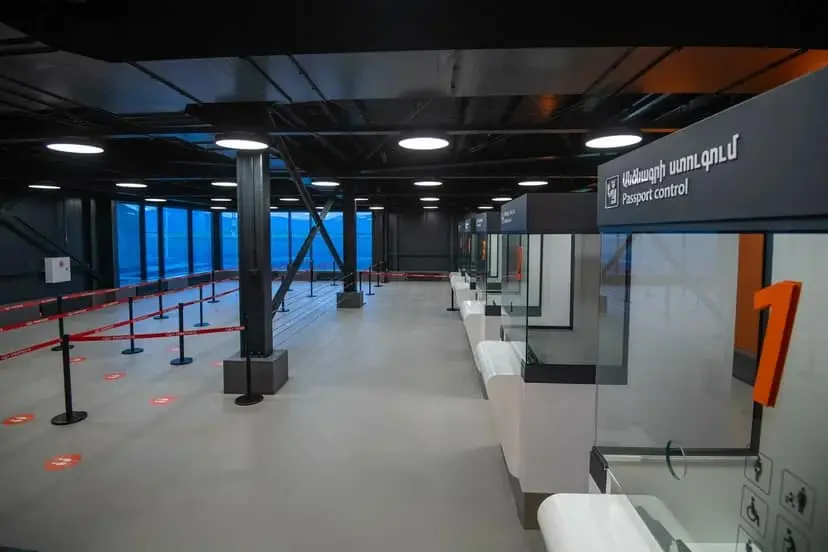 The passport control booths in the new arrivals hall of Gyumri Shirak Airport