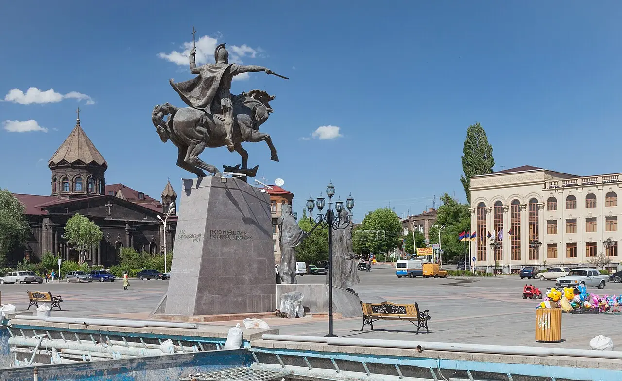 Vardanants Square in central Gyumri with the equestrian statue of Vartan Mamikonian and the Holy Saviour church behind