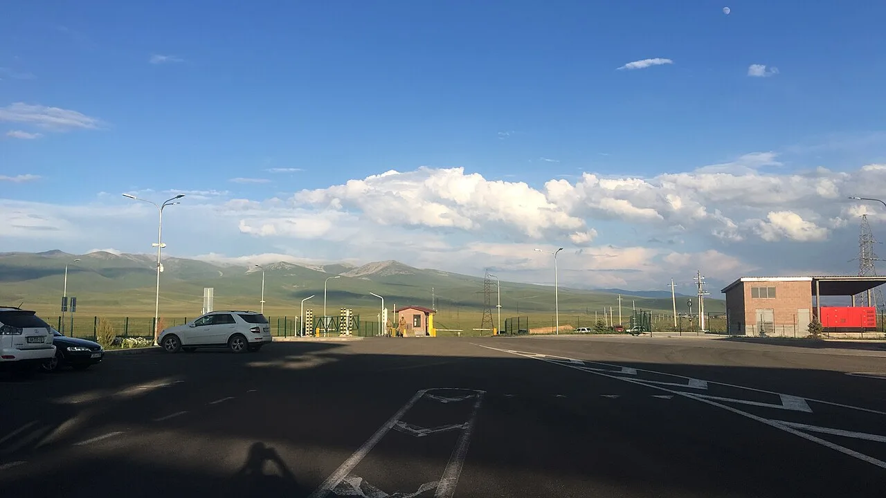 Bavra border checkpoint buildings and road on the Armenian side of the crossing toward Georgia