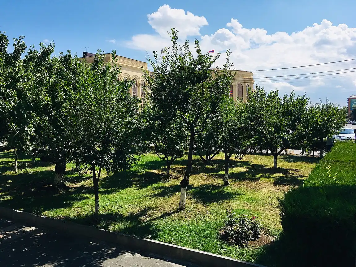 The open expanse of Vardanants Square in Gyumri with its churches and fountains