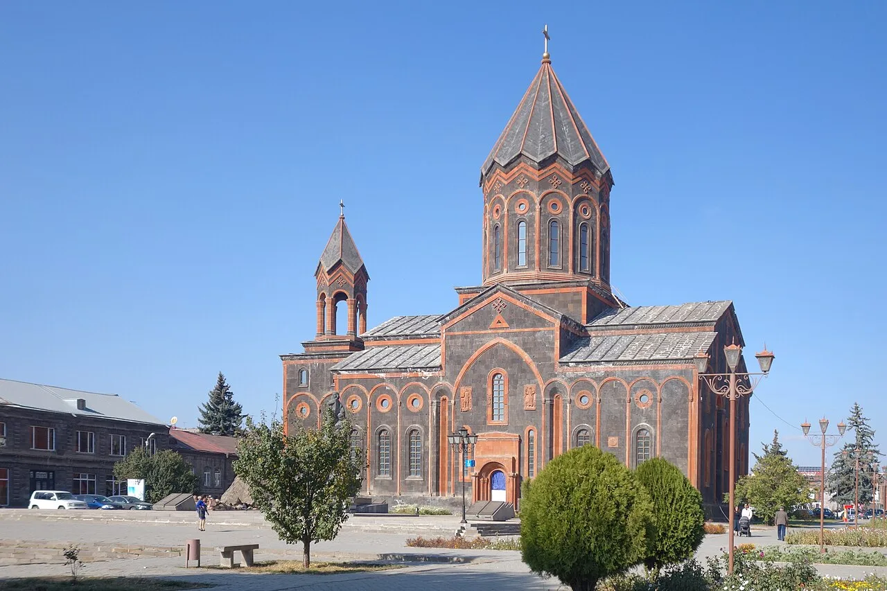 The restored Church of the Holy Saviour on Vardanants Square in Gyumri, built of dark tuff stone