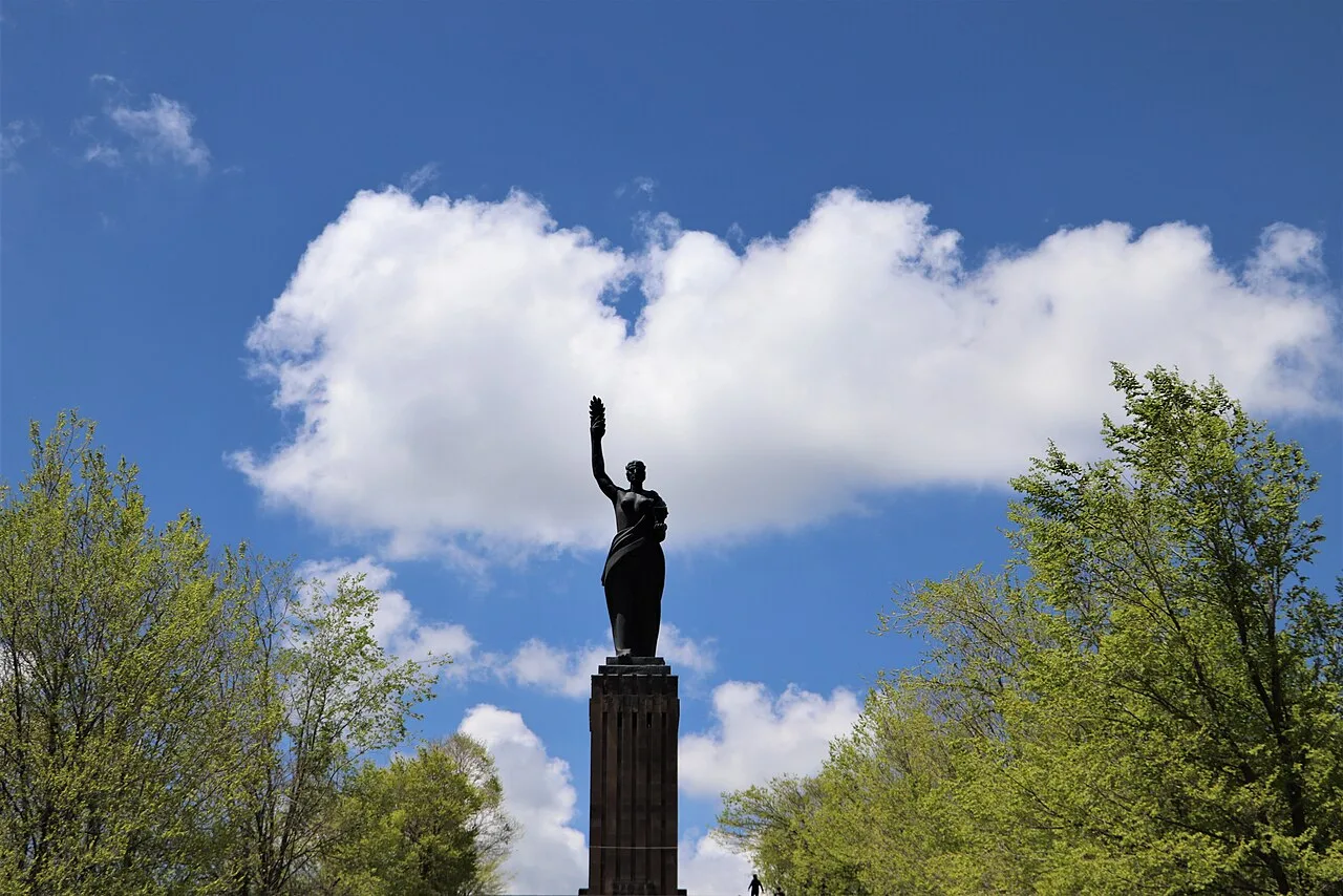 The Mother Armenia statue standing on the hill above Gyumri near the Black Fortress