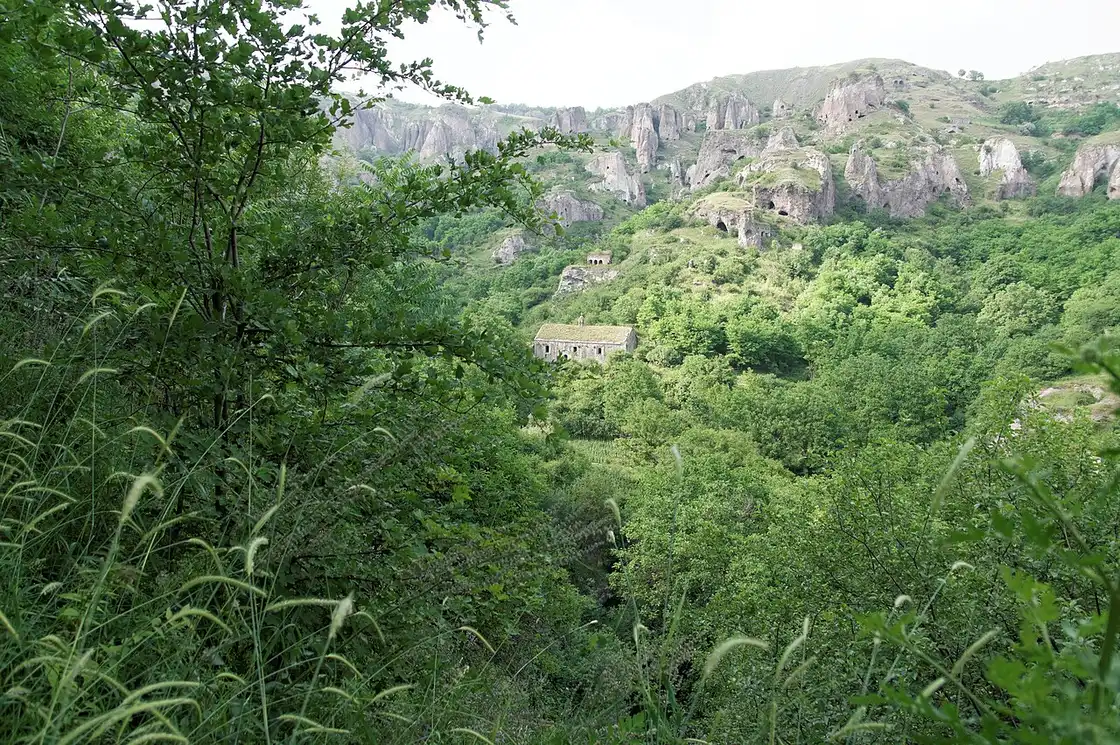 The abandoned cave dwellings and rock cones of Old Khndzoresk seen across the Khor Dzor gorge near Goris in southern Armenia