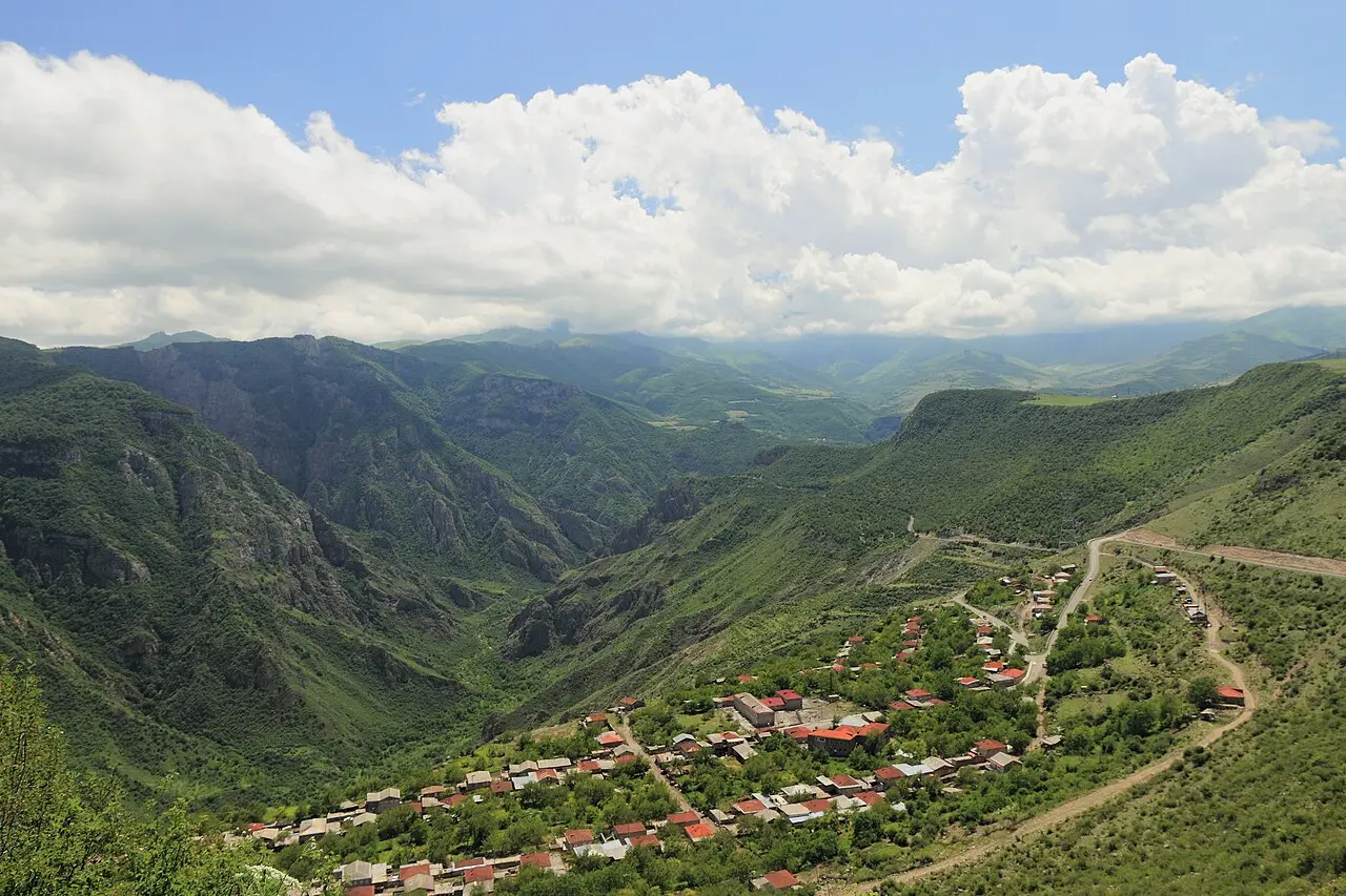 A Wings of Tatev cable-car cabin crossing high above a deep wooded gorge in southern Armenia