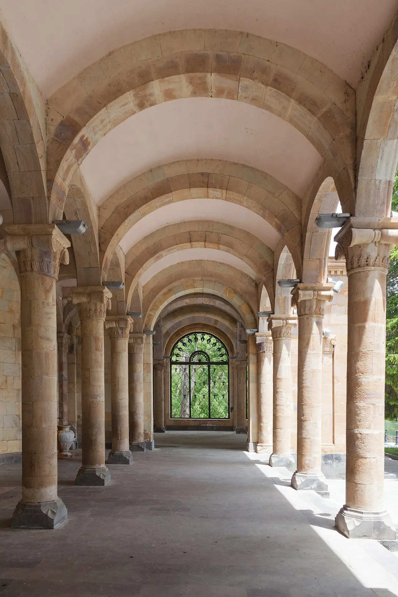The arched tufa-stone colonnade of the Jermuk mineral water drinking gallery