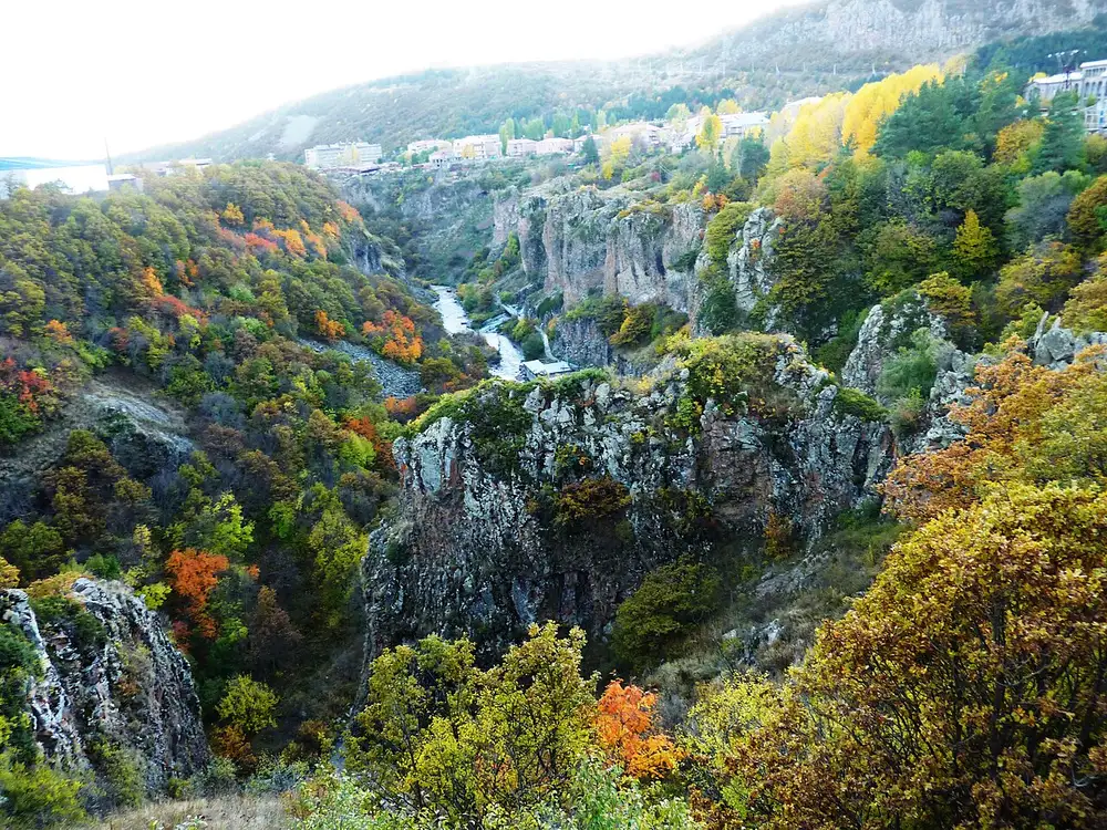The Arpa river canyon cutting through the Jermuk plateau, seen from the bridge at the entrance to the town