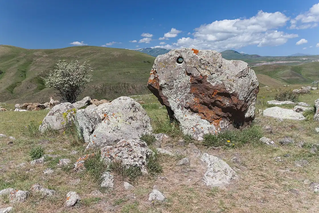A large rust-and-grey holed boulder at Karahunj beside a flowering bush, with the Syunik highlands stretching behind
