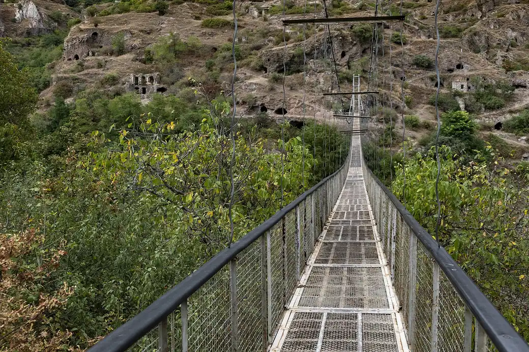 The view down into the Khor Dzor gorge from the middle of the Khndzoresk swinging bridge