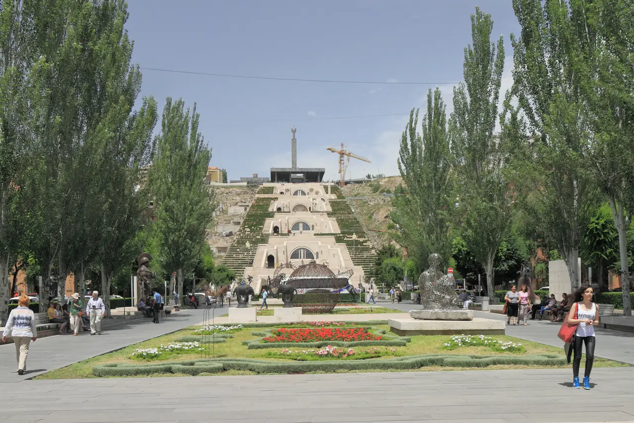 The sculpture garden and terraces at the foot of the Yerevan Cascade on a sunny day
