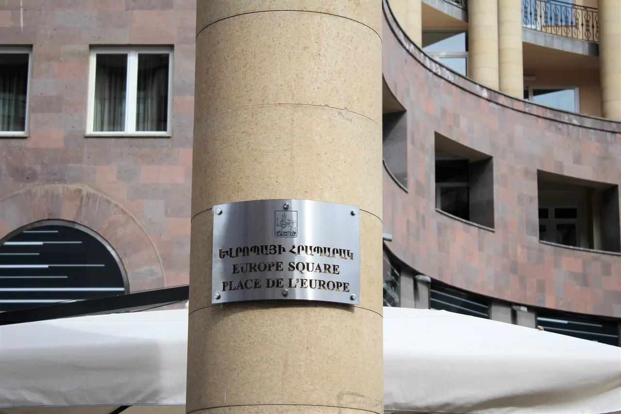 The Europe Square plaza off Northern Avenue in central Yerevan lined with cafes