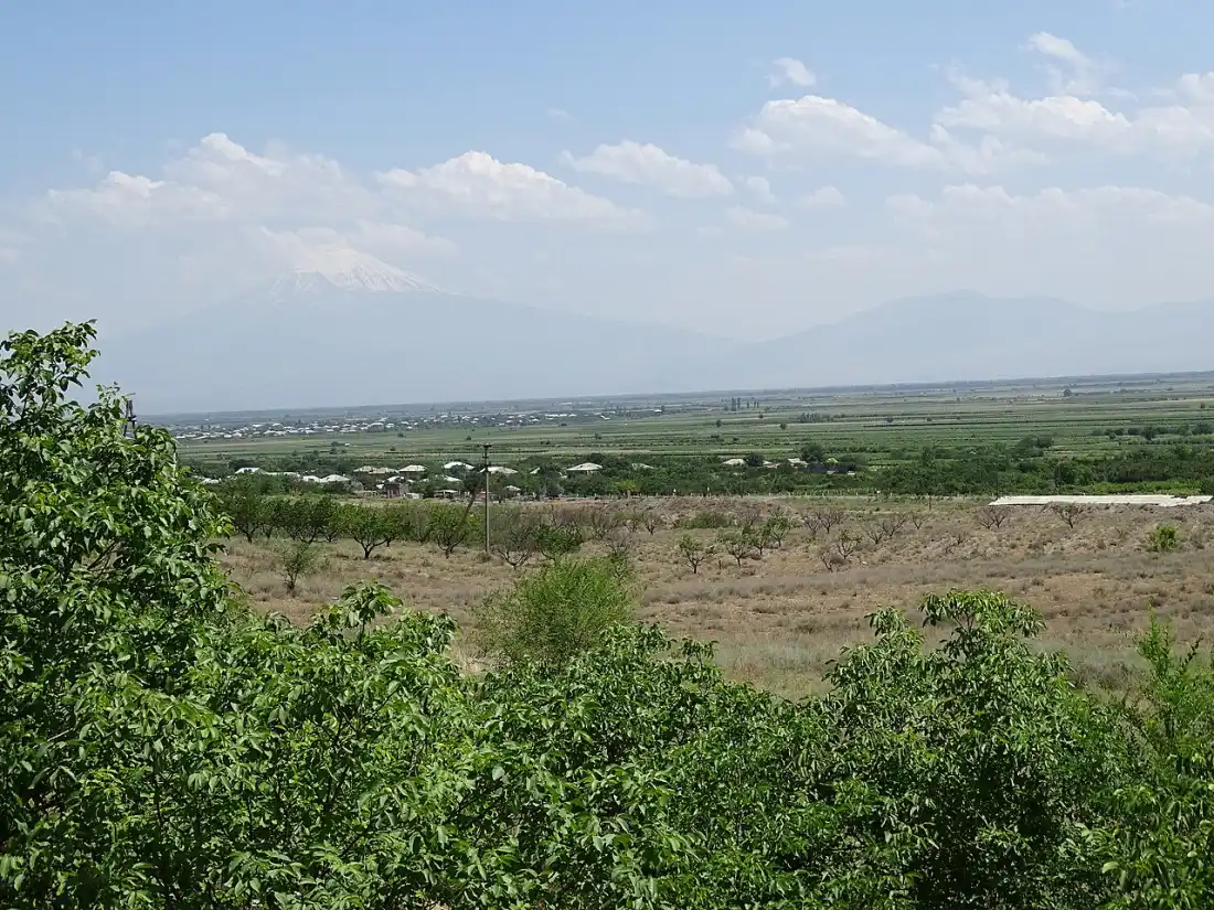 Farmland of the Armavir plain near Sardarapat with Mount Ararat in the distance