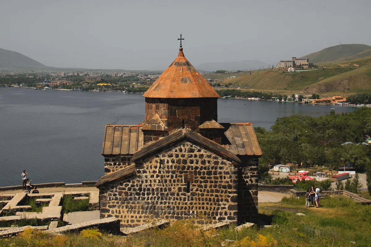 The two surviving churches of Sevanavank standing close together on the Sevan peninsula under a clear sky