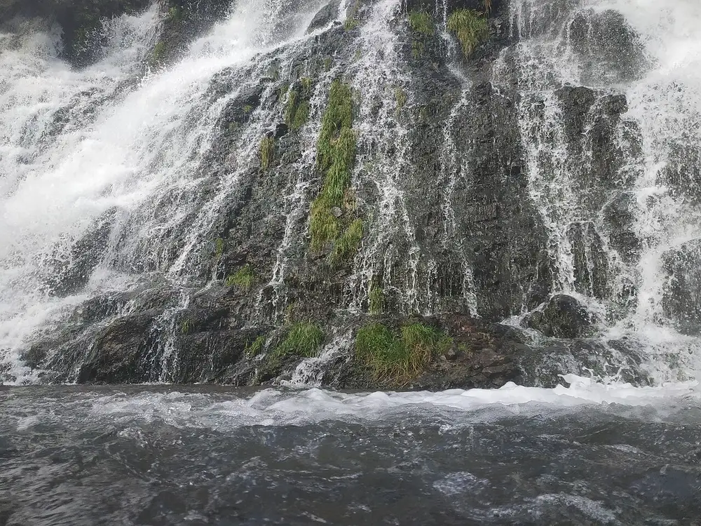 Close-up of water sliding over green moss and dark basalt on the face of the Shaki waterfall