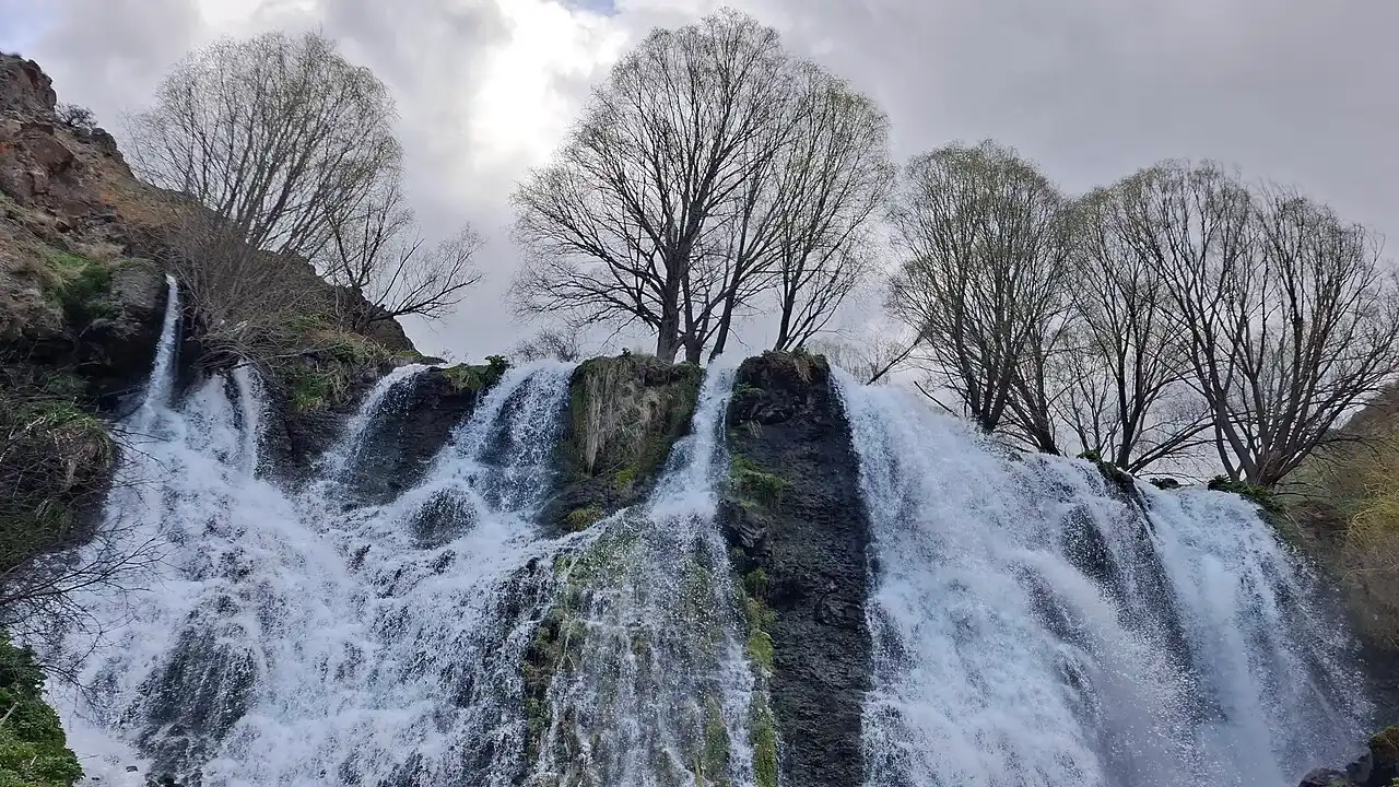 The Shaki waterfall in full flow across a wide dark basalt ledge with bare spring trees growing along the top
