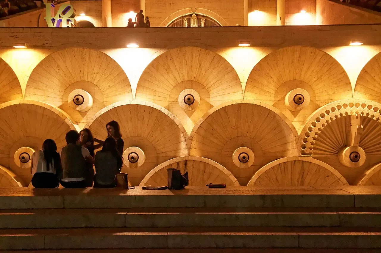 The illuminated Cascade complex and outdoor sculptures in Yerevan at night
