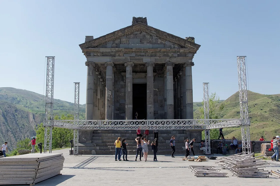 The colonnaded Greco-Roman temple of Garni standing on a clifftop east of Yerevan