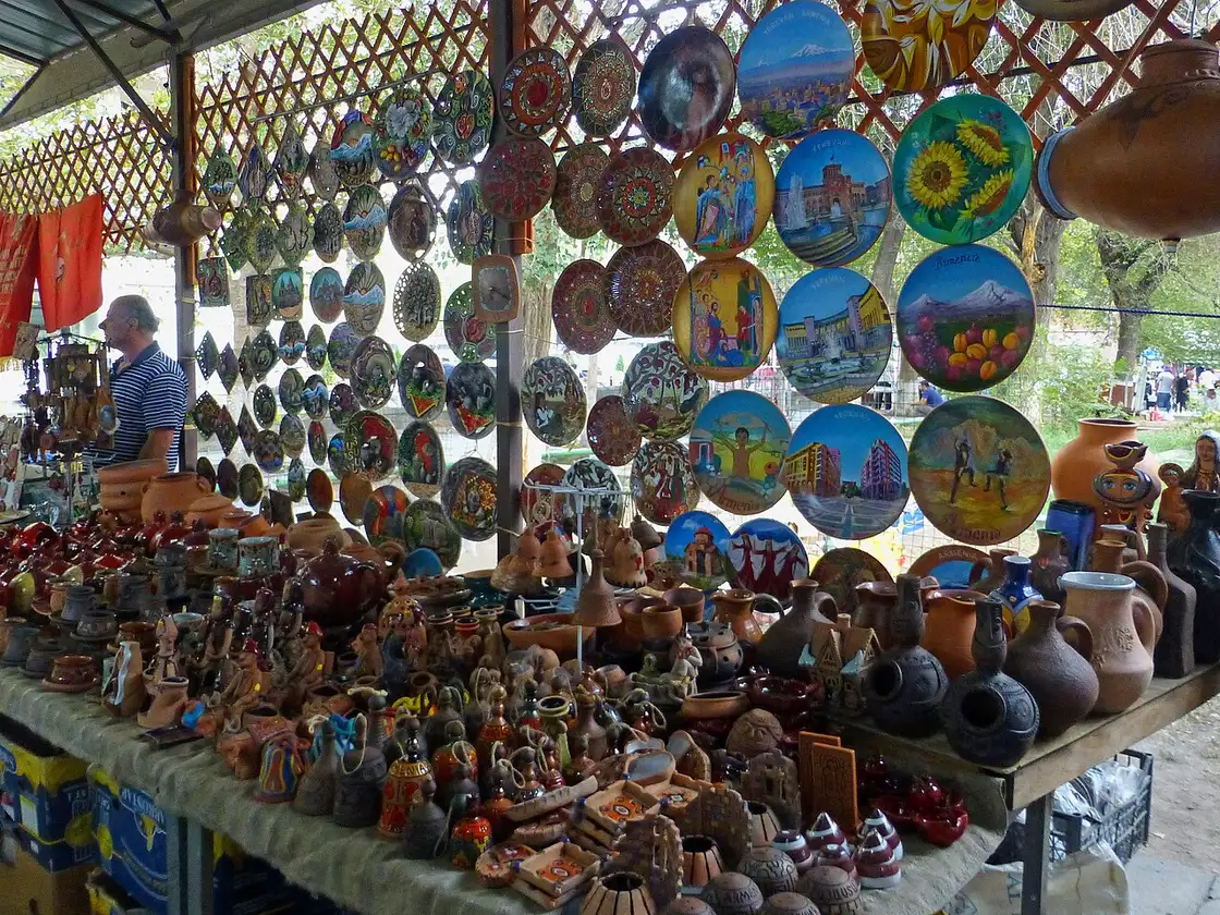 Handicraft stalls with souvenirs and antiques at the open-air Vernissage market in Yerevan