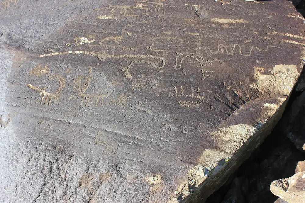 A weathered volcanic slab at Ughtasar densely pecked with goats, a zigzag line and other Bronze Age marks