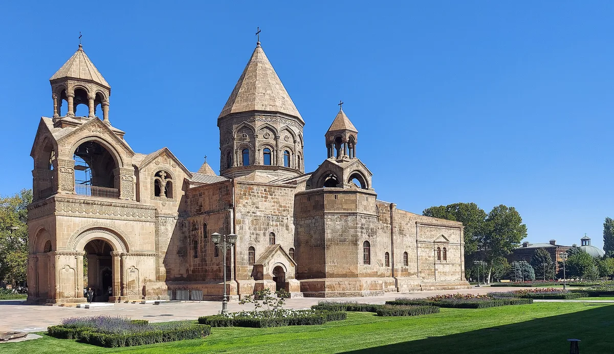Etchmiadzin Cathedral with its bell tower rising over the Mother See compound after restoration