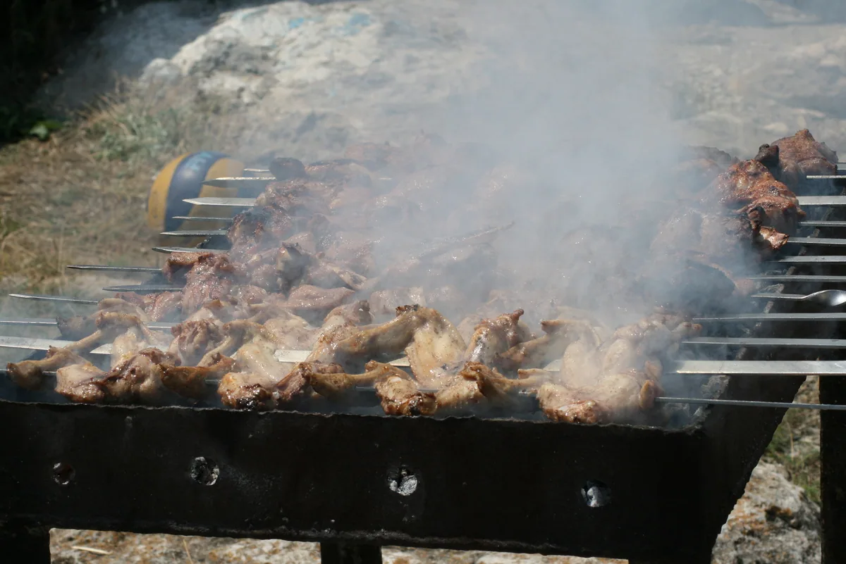 Skewers of Armenian khorovats barbecue smoking over a metal mangal grill outdoors